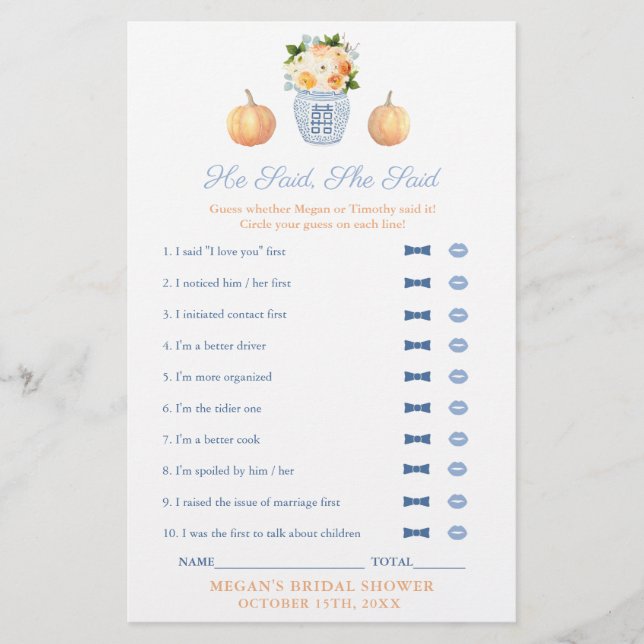 彼クラシックは彼女はブライダルシャワーゲームカードと言った (正面)