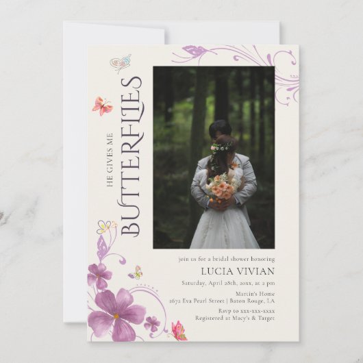 彼スタイリッシュは与え私のバタフライブライダルシャワー 招待状 (正面)