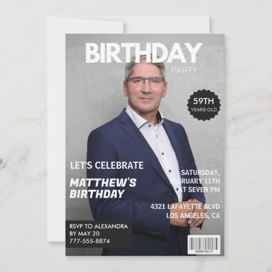 彼モダンの59歳の誕生日のための雑誌カバー 招待状 (正面)