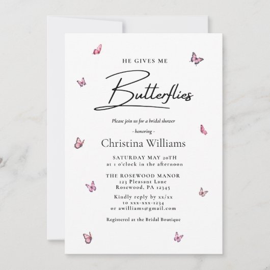 彼モダンは与え私の蝶ブライダルシャワー 招待状 (正面)