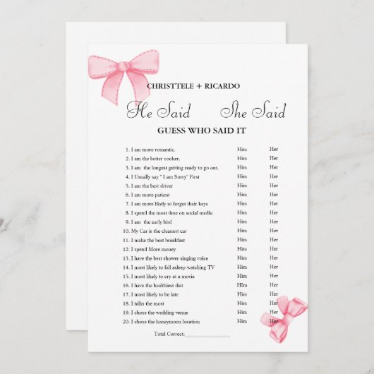 彼モダンは彼女がブライダルシャワーゲームカードを言った 案内状 (正面/裏面)