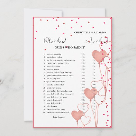 彼モダンは彼女がブライダルシャワーゲームカードを言った 案内状 (正面)