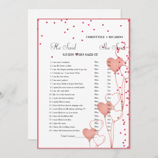 彼モダンは彼女がブライダルシャワーゲームカードを言った 案内状 (正面/裏面)