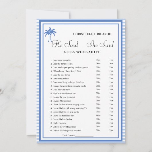 彼モダンは彼女がブライダルシャワーゲームカードを言った 案内状 (正面)