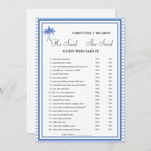 彼モダンは彼女がブライダルシャワーゲームカードを言った 案内状 (正面/裏面)