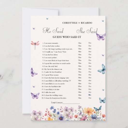 彼モダンは彼女がブライダルシャワーゲームカードを言った 案内状 (正面)