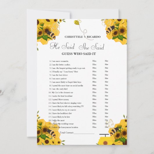 彼モダンは彼女がブライダルシャワーゲームカードを言った 案内状 (正面)