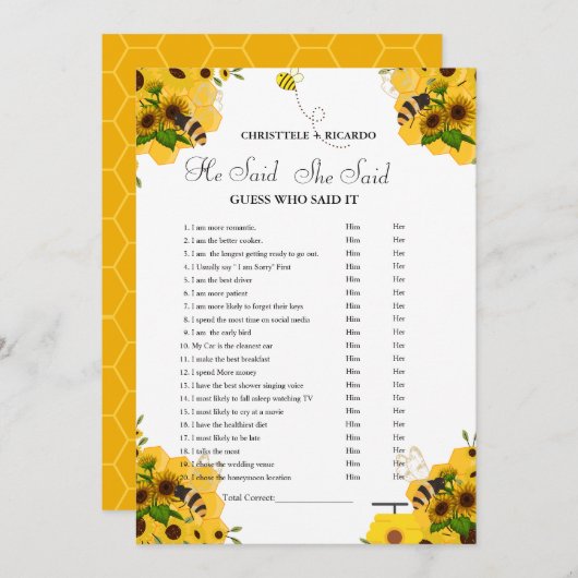 彼モダンは彼女がブライダルシャワーゲームカードを言った 案内状 (正面/裏面)