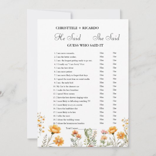 彼モダンは彼女がブライダルシャワーゲームカードを言った 案内状 (正面)