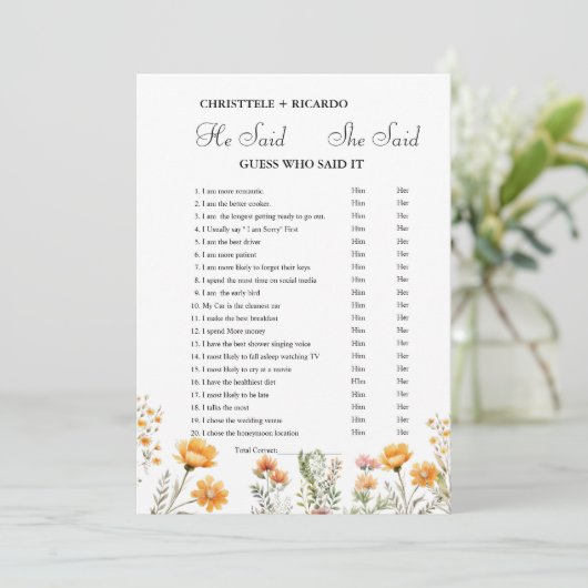 彼モダンは彼女がブライダルシャワーゲームカードを言った 案内状 (スタンド正面)