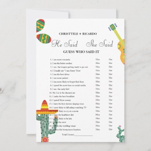 彼モダンは彼女がブライダルシャワーゲームカードを言った 案内状 (正面)