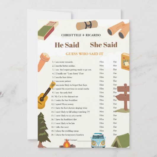 彼モダンは彼女がブライダルシャワーゲームカードを言った 案内状 (正面)