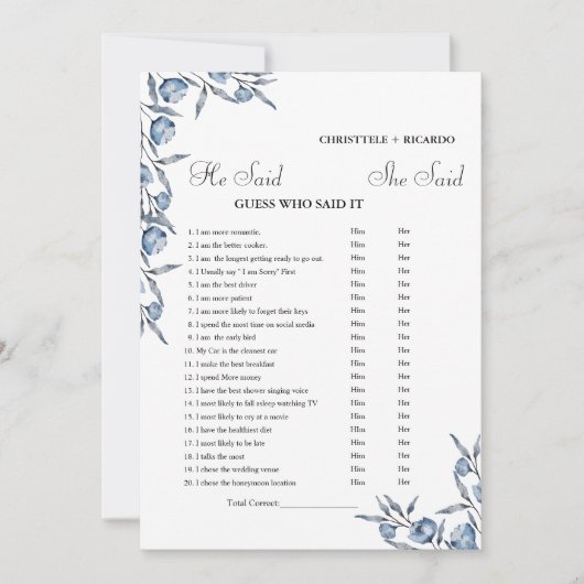 彼モダンは彼女がブライダルシャワーゲームカードを言った 案内状 (正面)