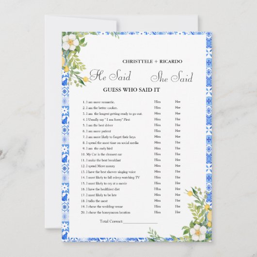 彼モダンは彼女がブライダルシャワーゲームカードを言った 案内状 (正面)