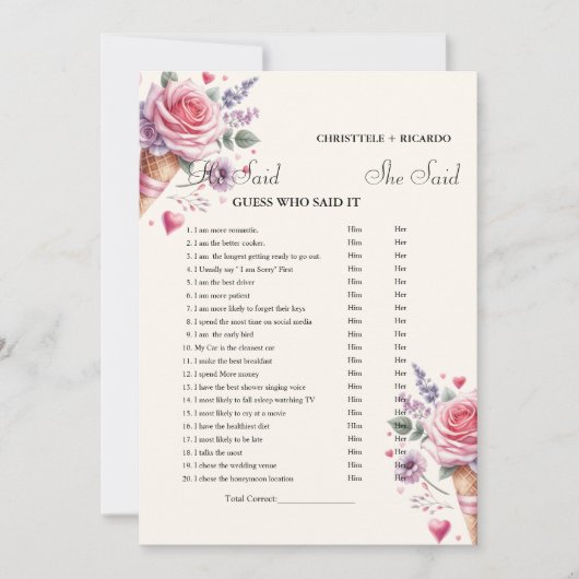 彼モダンは彼女がブライダルシャワーゲームカードを言った 案内状 (正面)