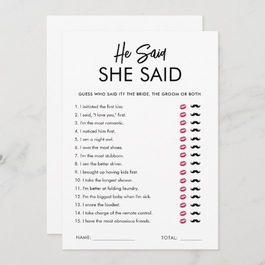 彼モダンは彼女はブライダルシャワーゲームカードと言った 招待状 (正面/裏面)