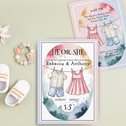 彼モダンまたは彼女の水彩服の性別が明らかにする 招待状