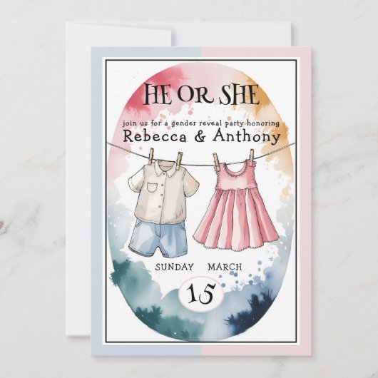 彼モダンまたは彼女の水彩服の性別が明らかにする 招待状 (正面)