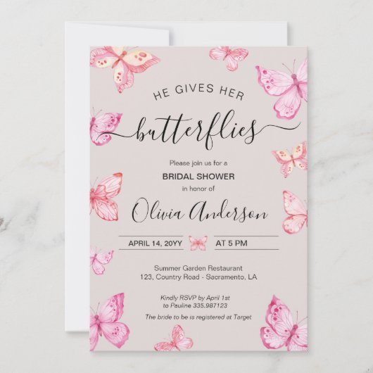 彼与え女の蝶ブライダルシャワー 招待状 (正面)