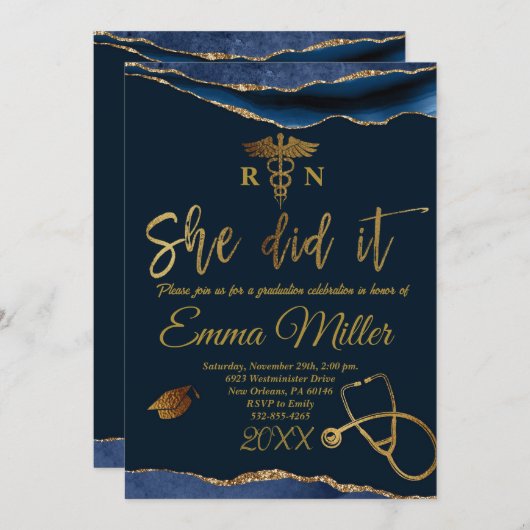 彼女がやった – 看護学校海軍&金ゴールド卒業 招待状 (正面/裏面)