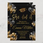 彼女がやった – 黒と金ゴールドバルーン卒業 招待状 (正面/裏面)