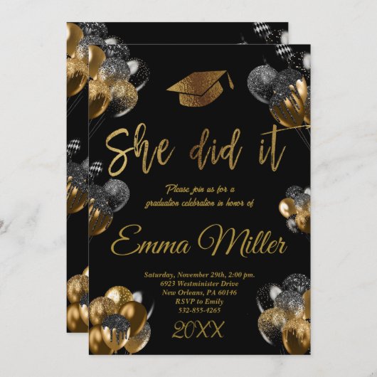 彼女がやった – 黒と金ゴールドバルーン卒業 招待状 (正面/裏面)
