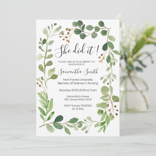 彼女がやり遂げた グリーンの卒業おめでとうカード 招待状 (スタンド正面)