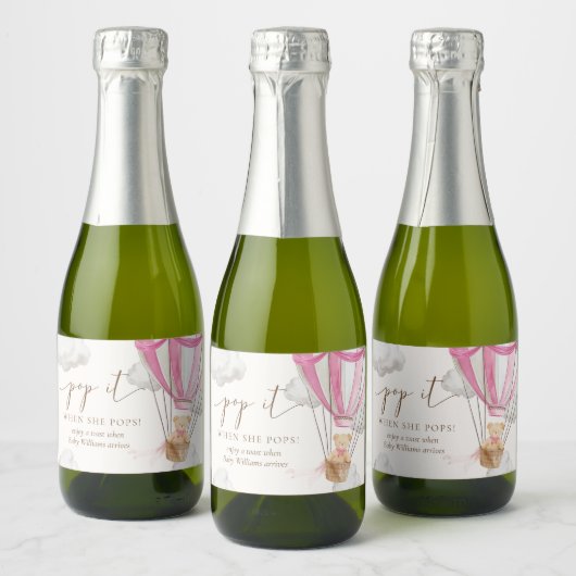 彼女がポップするときテディベアポップ・アートのピンクitを心待ち スパークリングワインラベル (ボトル)