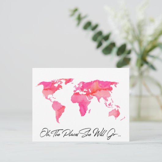 彼女が行く場所の引用 ピンクの水彩 世界地図 ポストカード (スタンド正面)