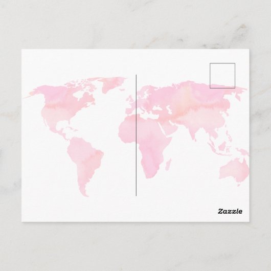 彼女が行く場所の引用 ピンクの水彩 世界地図 ポストカード (裏面)