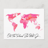 彼女が行く場所の引用 ピンクの水彩 世界地図 ポストカード (正面)