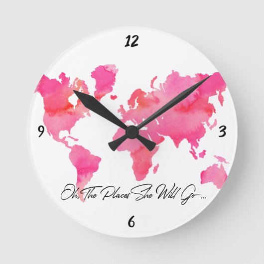 彼女が行く場所引用文ピンクウォーターカラーワールドマップ ラウンド壁時計 (正面)