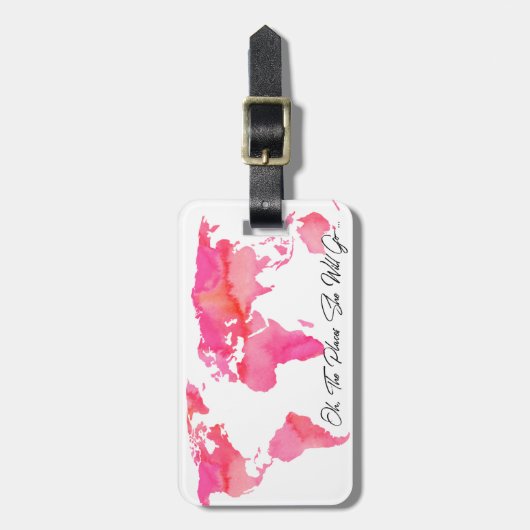 彼女が行く場所引用文ピンクウォーターカラーワールドマップ ラゲッジタグ (正面縦)