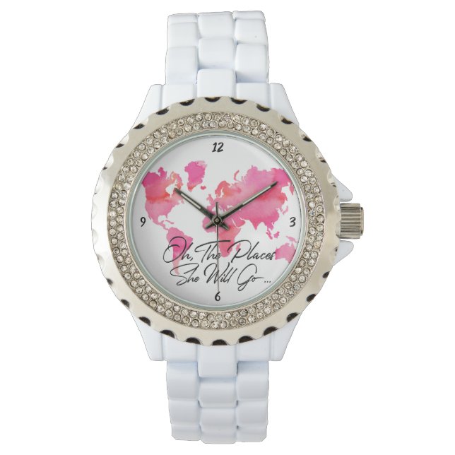彼女が行く場所引用文ピンクウォーターカラーワールドマップ 腕時計 (正面)