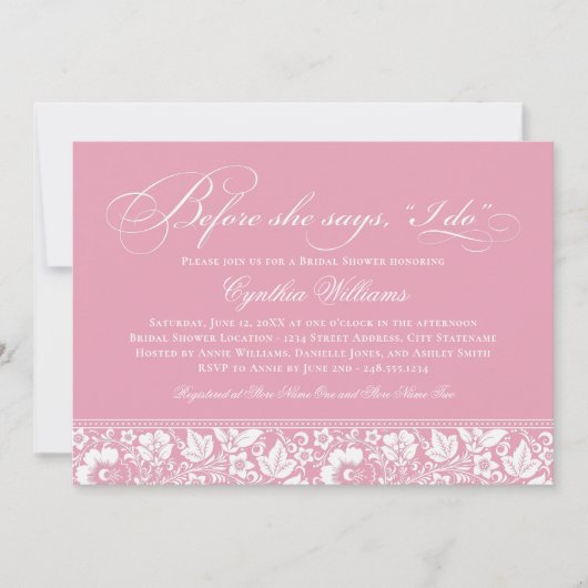 彼女が言う前に私はヴィンテージピンクブライダルシャワー 招待状 (正面)
