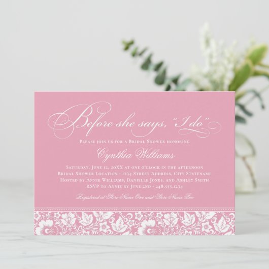 彼女が言う前に私はヴィンテージピンクブライダルシャワー 招待状 (スタンド正面)