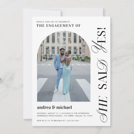 彼女が言ったYesモダン婚約パーティアーチ2の写真 招待状 (正面)