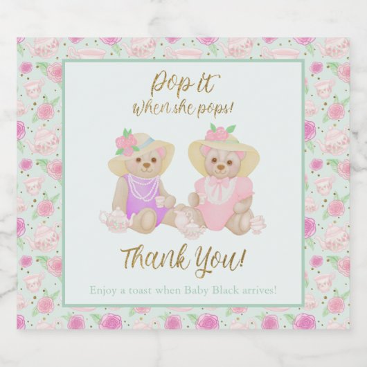 彼女が赤ちゃんポップ・アートののシャワーをポップするときにテディベアーティー スパークリングワインラベル (シングルラベル)