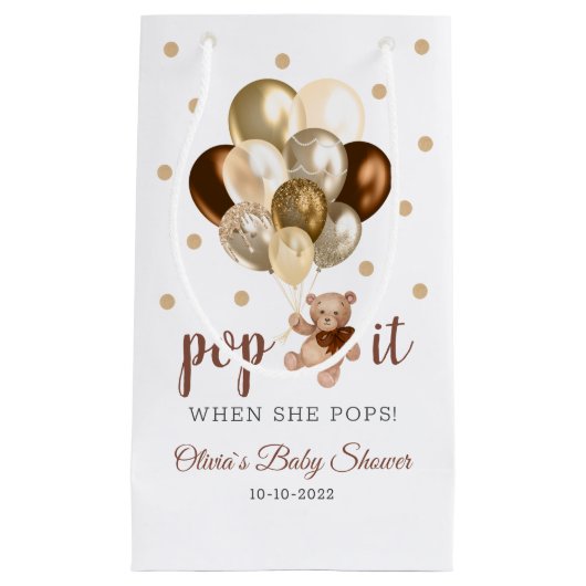 彼女が赤ポップ・アートのちゃんシャワーの好意をポップするときにテディベア スモールペーパーバッグ (正面)