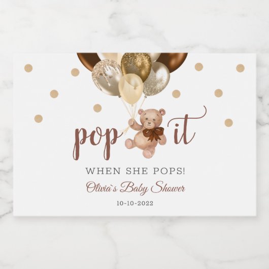 彼女が赤ポップ・アートのちゃんシャワーの贈り物をポップするときにテディベア スパークリングワインラベル (シングルラベル)