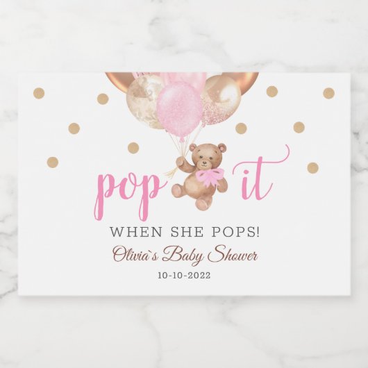 彼女が赤ポップ・アートのちゃんシャワーの贈り物をポップするときにテディベア スパークリングワインラベル (シングルラベル)