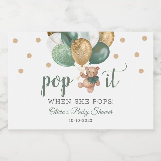 彼女が赤ポップ・アートのちゃんシャワーの贈り物をポップするときにテディベア スパークリングワインラベル (シングルラベル)