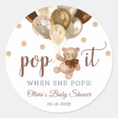 彼女が赤ポップ・アートのちゃんシャワーの贈り物をポップするときにテディベア ラウンドシール (正面)