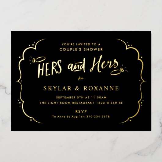 彼女と彼女のゲイカップルのシャワー金ゴールド 箔招待状 (正面)