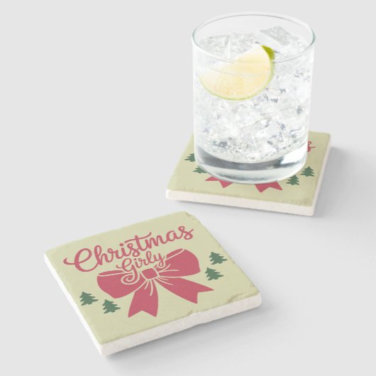 彼女にガーリー対するクリスマスツリー弓の美的ギフト ストーンコースター (横)