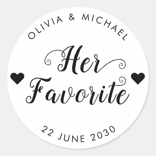 彼女のお気に入りの花嫁ラベルウェディングパーティーの好意バッグ ラウンドシール (正面)