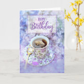 彼女のお茶と紫の花の誕生日 カード (黄色い花)