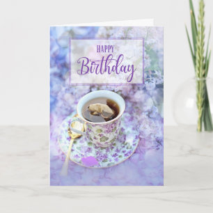 彼女のお茶と紫の花の誕生日 カード