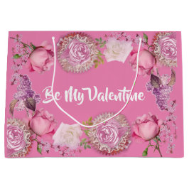 彼女のために私のバレンタインロマンチックなピンクのローズ薄紫 ラージペーパーバッグ