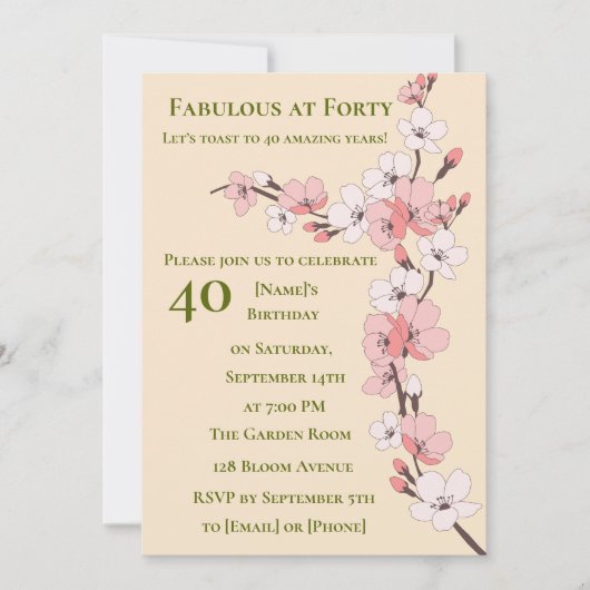 彼女のためのエレガントな花の40歳の誕生日招待状 招待状 (正面)